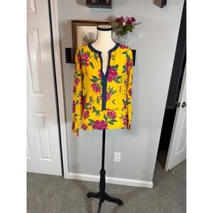 K&T Yellow Floral Silk Blend Split Neck Blouse Top Size 46 Made in Brazil